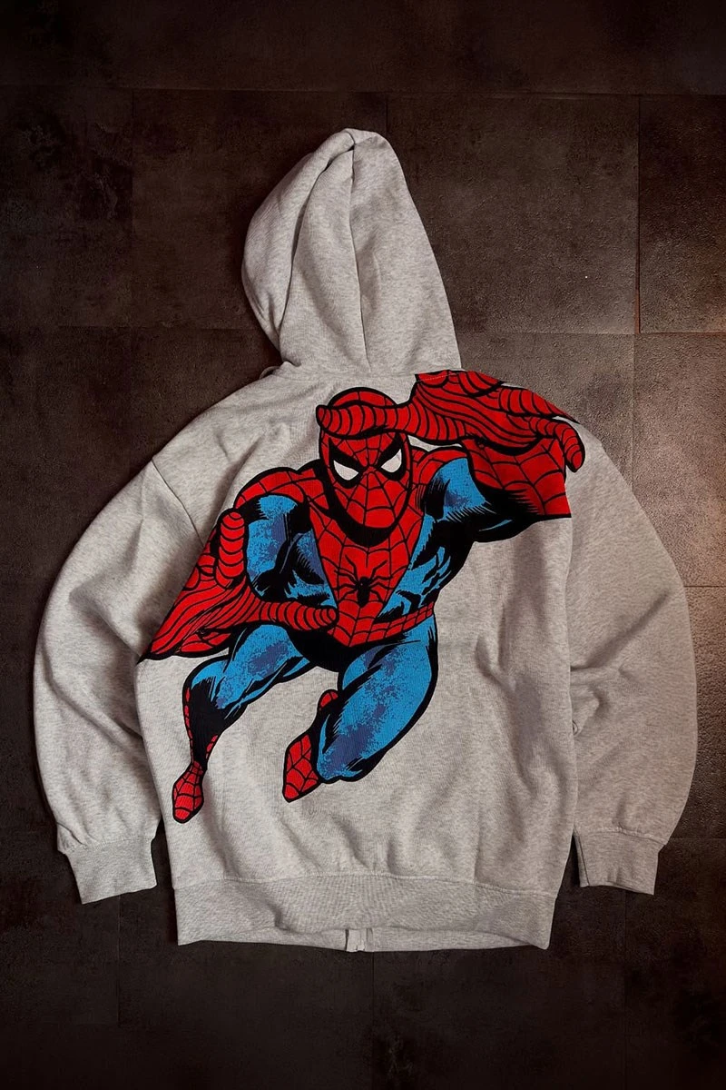 Gri Melanj Amazing Spider Cartoon Sırt Baskılı Unisex Hırka