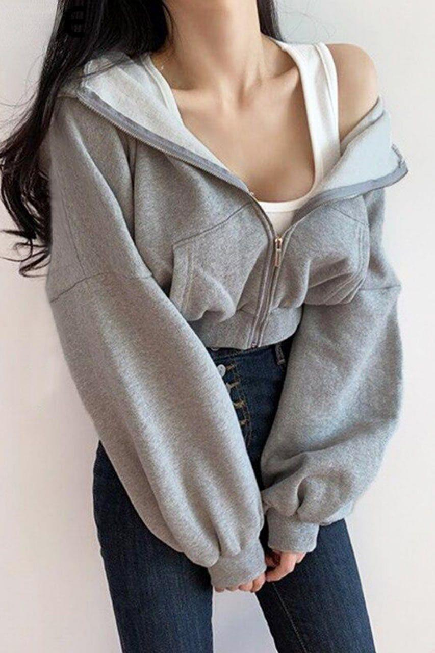 Gri Melanj Mevsimlik Crop-Top Fermuarlı Kapüşonlu