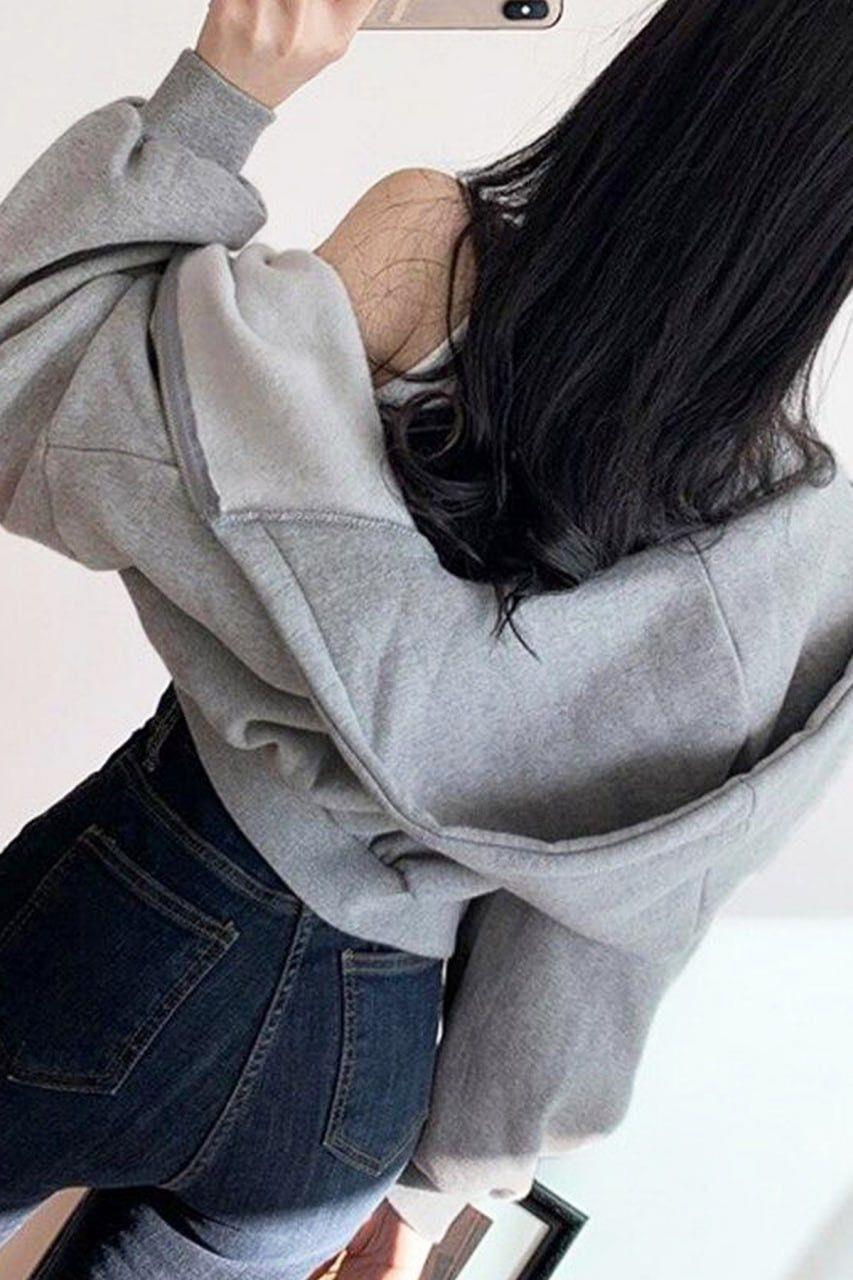 Gri Melanj Mevsimlik Crop-Top Fermuarlı Kapüşonlu