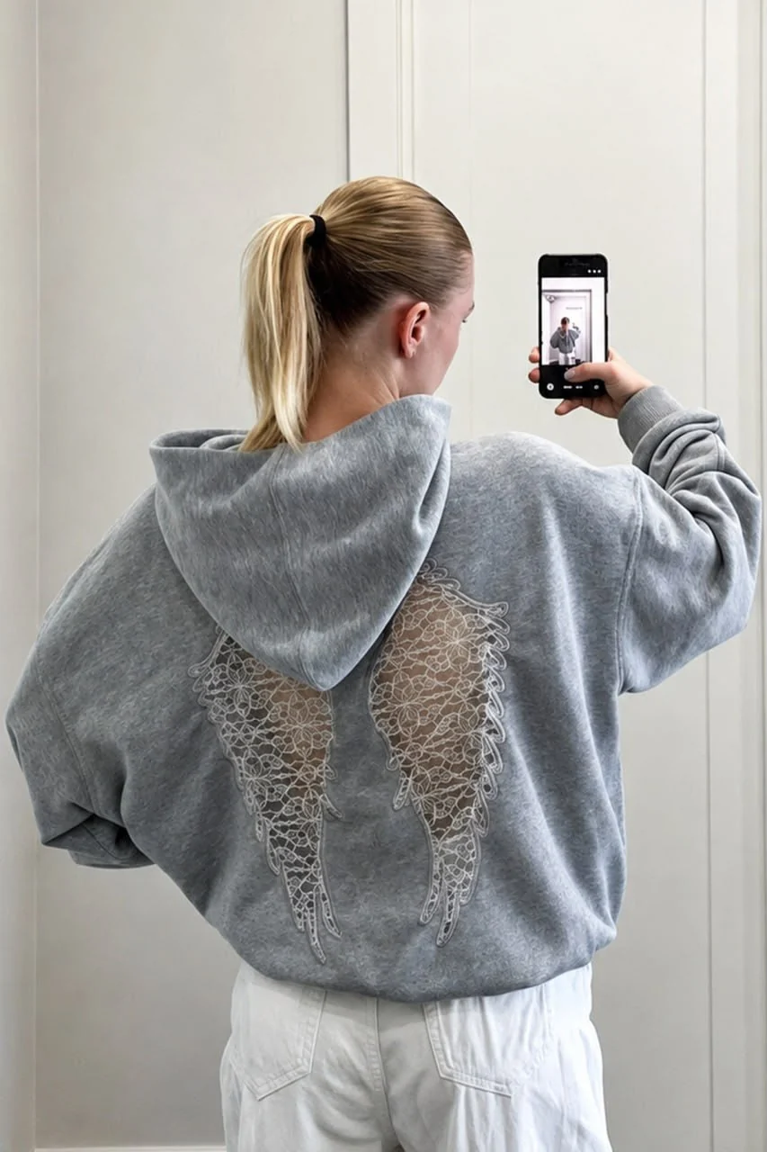 Gri Wings Sırt Dantel Detaylı Oversize Sweatshirt