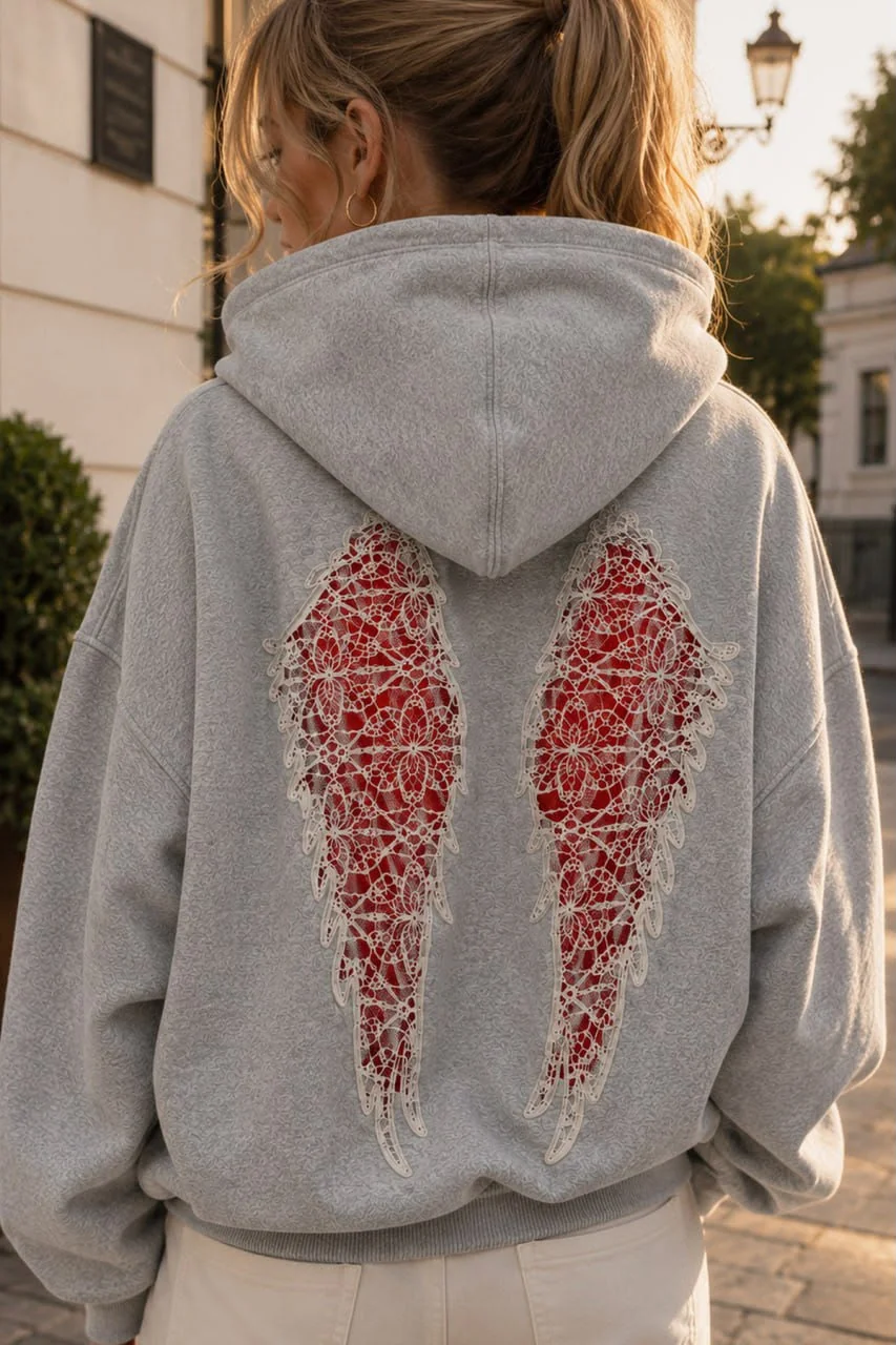 Gri Wings Sırt Dantel Detaylı Oversize Sweatshirt