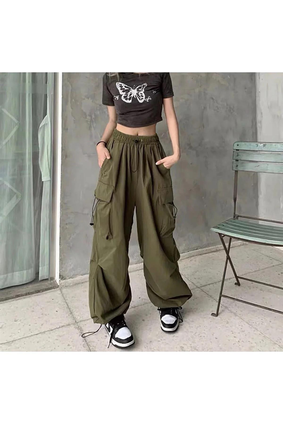 Haki Renkli Tactical Kargo Cepli Lastikli Bol Kalıp Baggy Oversize Pantolon 