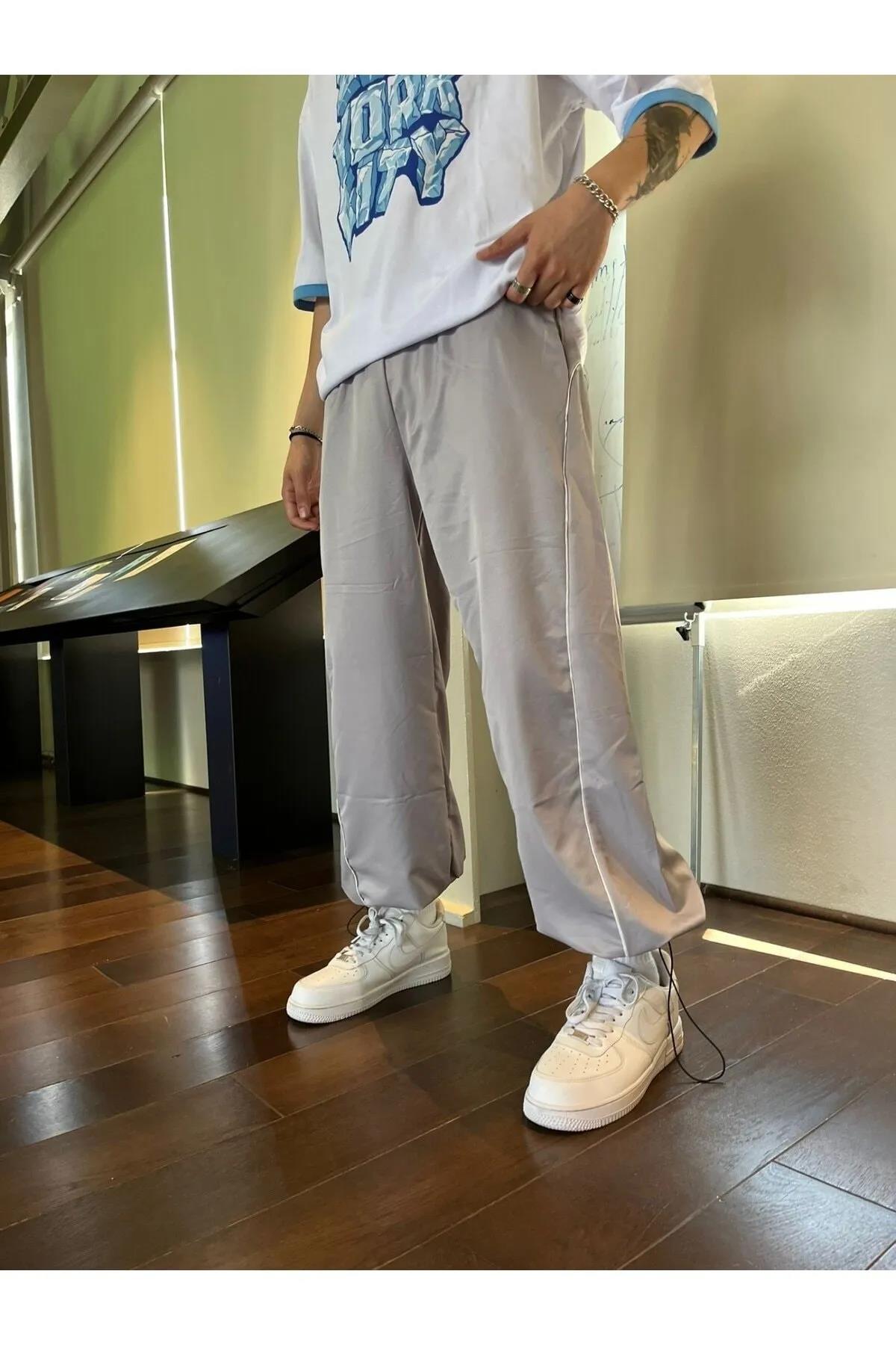 Harajuku Çizgi Detay Açık Gri Paraşüt Pantolon