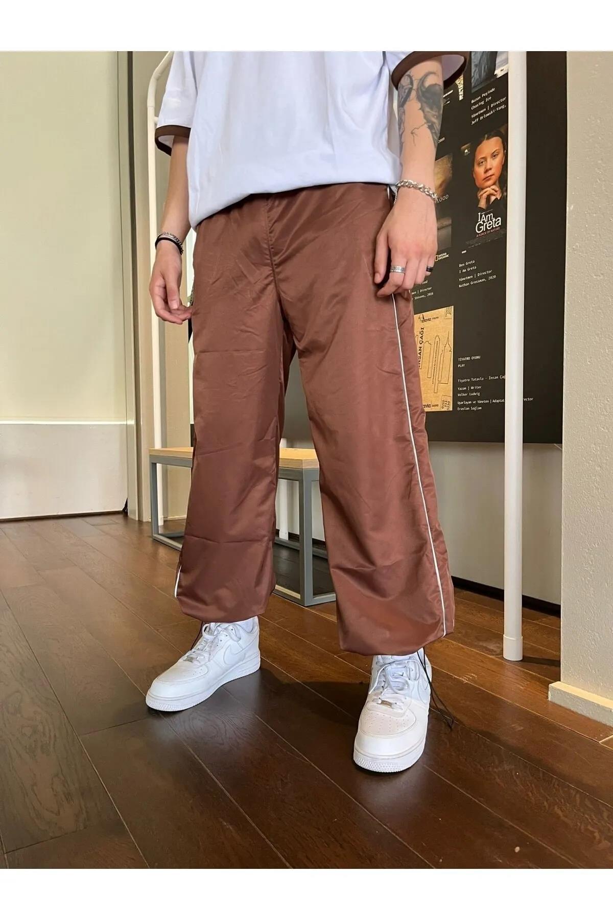 Harajuku Çizgi Detay Açık Gri Paraşüt Pantolon