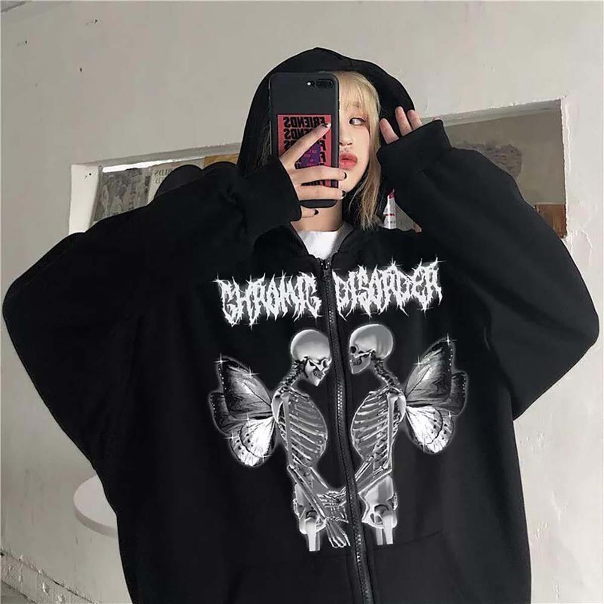 Harajuku Gothic Gromig Disorder Love Skeleton Siyah Fermuarlı(Unisex) Kapşonlu