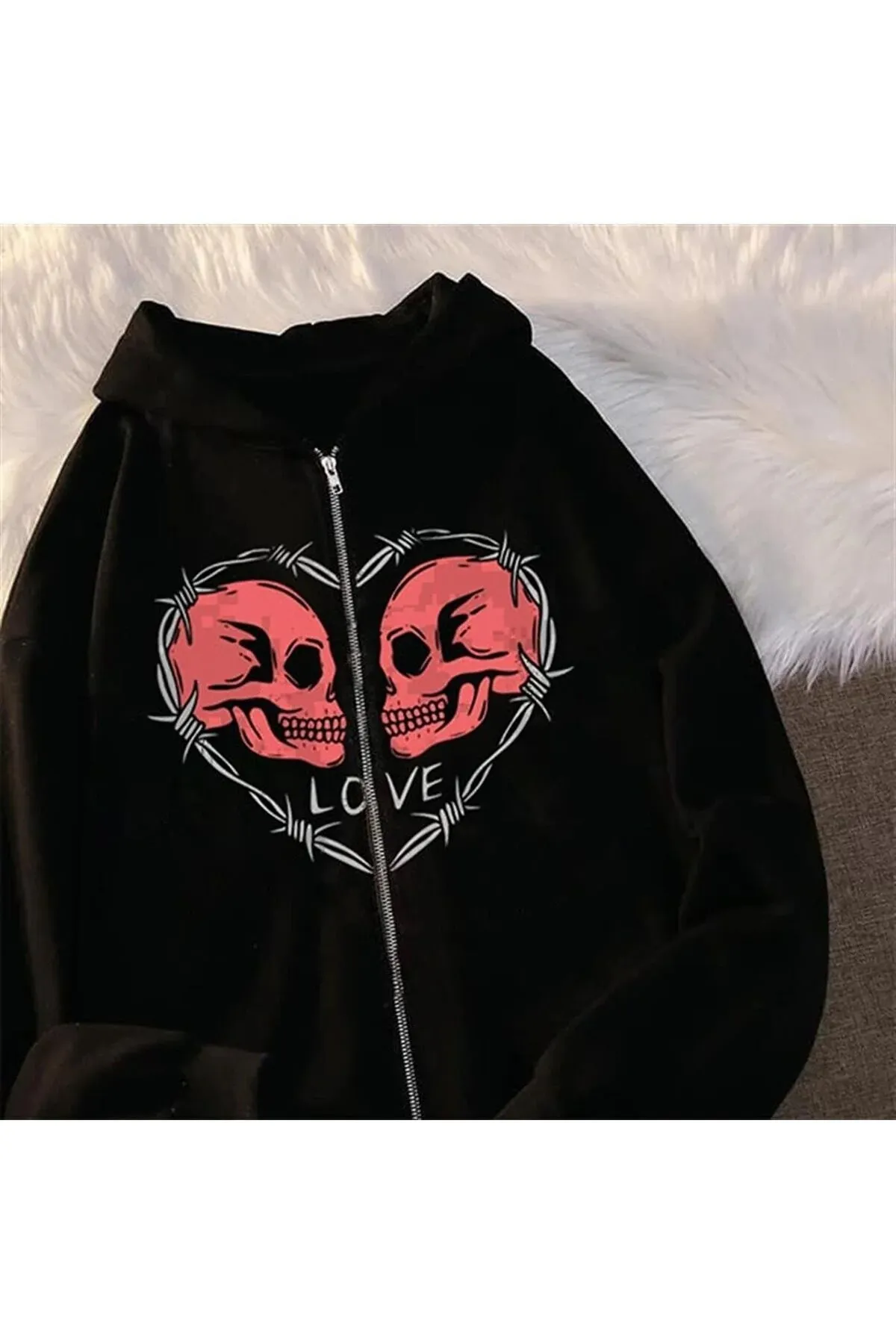 Harajuku Love Skulls Baskılı Tech Oversize Fermuar Detail Vintage Unisex Hırka