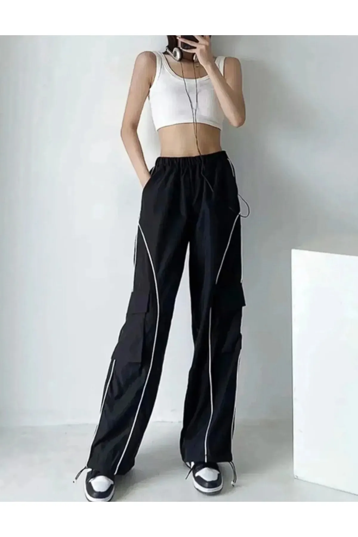 Harajuku Tarz Unisex Siyah Bel Ve Paçası Lastikli Kargo Pantolon Eşofman Altı