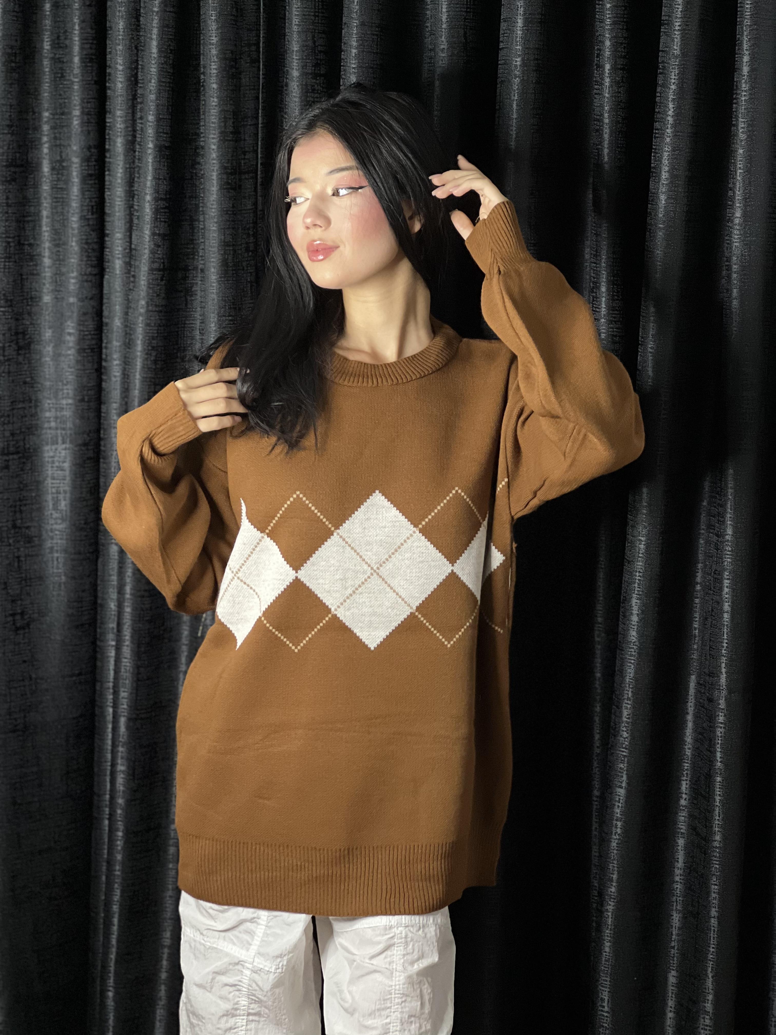 Harajuku Vintage Kahverengi Ekose Oversize Kazak