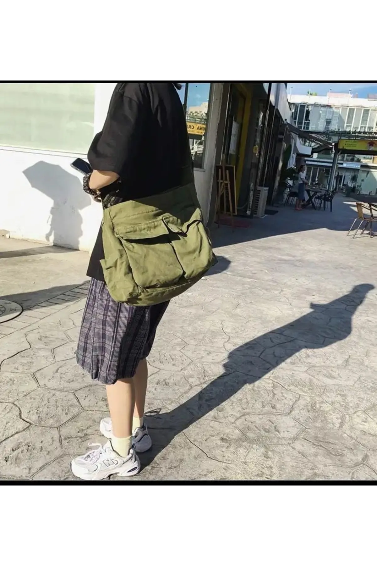 Harajuku Vintage Unisex Kargo Cep Iç Hacmi Geniş Haki Yeşil Postacı Çanta