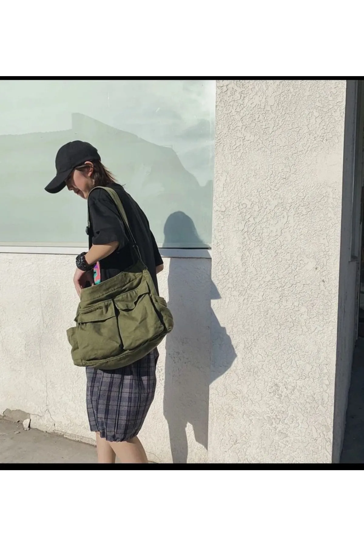 Harajuku Vintage Unisex Kargo Cep Iç Hacmi Geniş Haki Yeşil Postacı Çanta