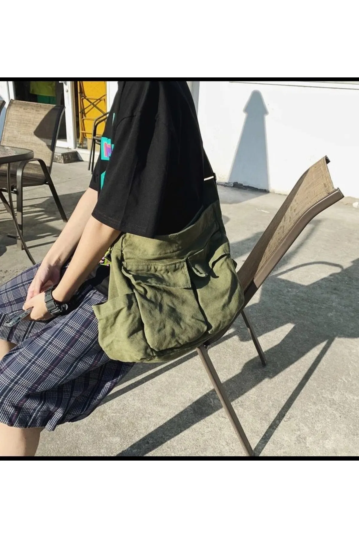 Harajuku Vintage Unisex Kargo Cep Iç Hacmi Geniş Haki Yeşil Postacı Çanta