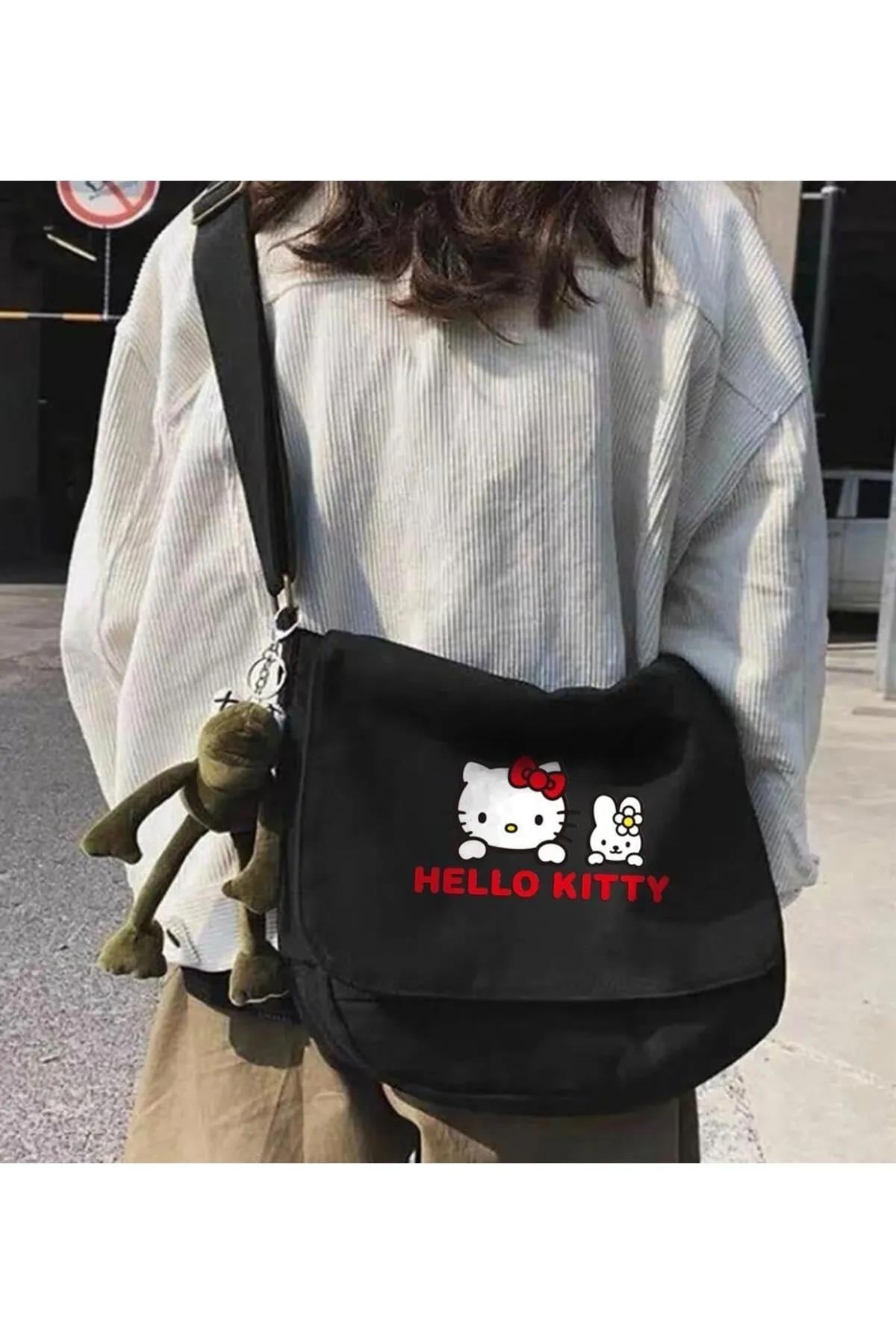Hello Kitty Baskılı Postacı Çanta Unisex İç Hacmi Geniş Siyah Postacı Çanta