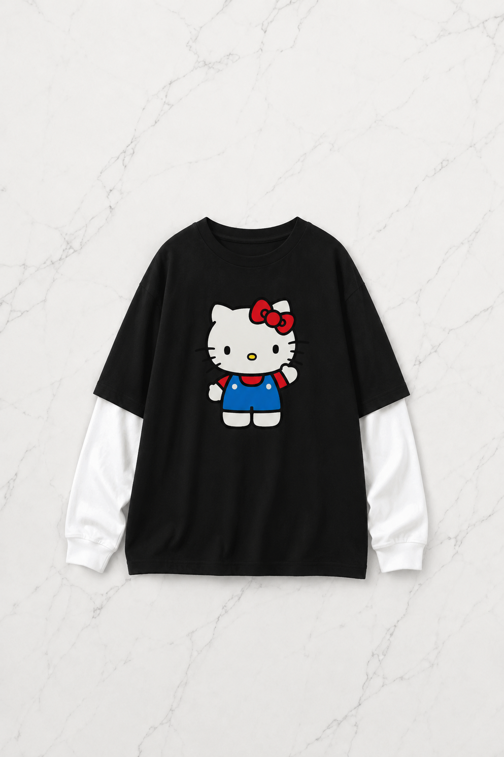 Hello Kitty Baskılı Siyah Reglan Kol Uzun T-shirt