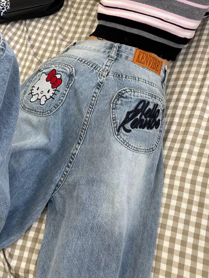 Hello Kitty Detaylı Baggy Yıkamalı Mavi Jean
