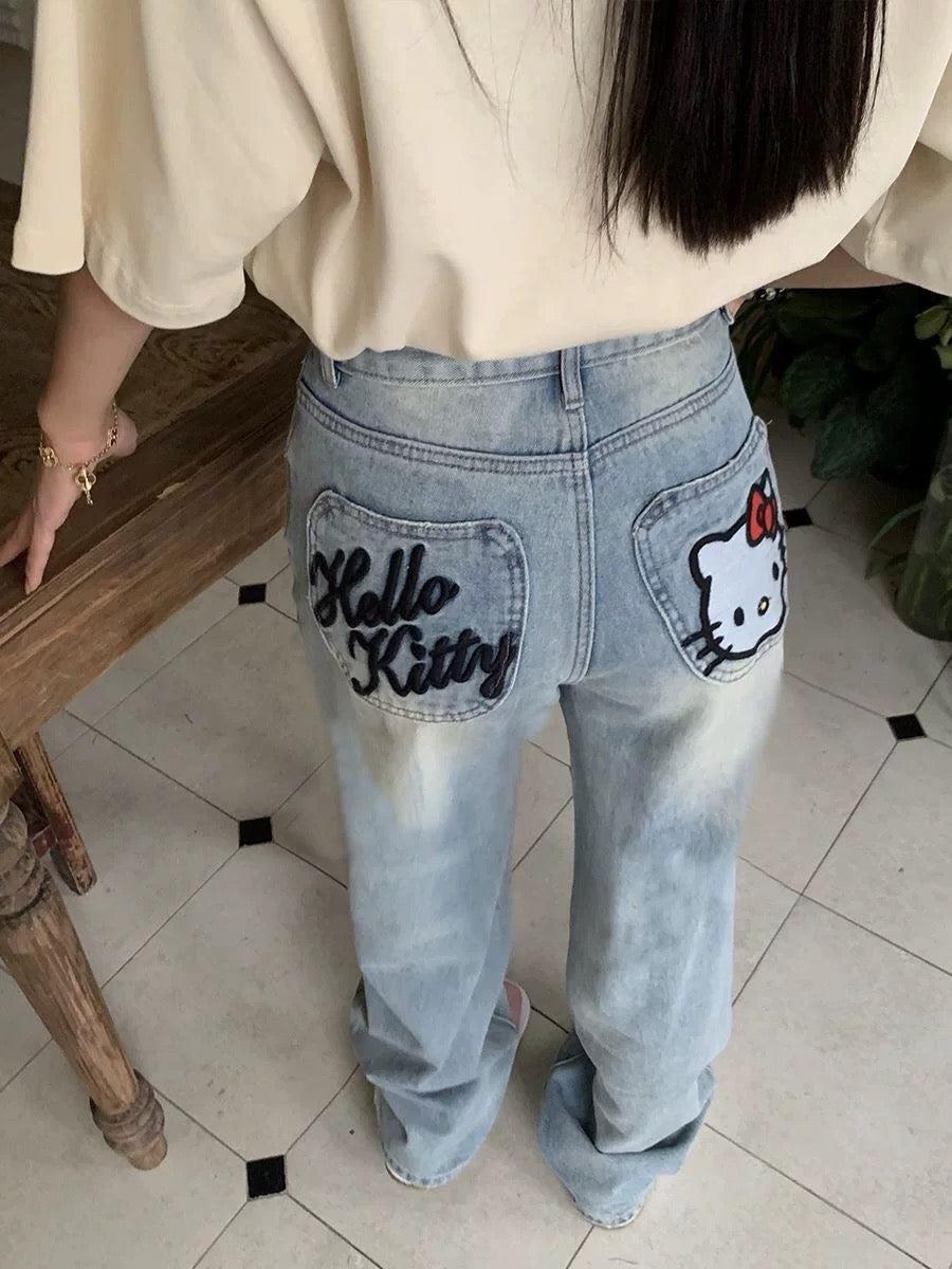 Hello Kitty Detaylı Baggy Yıkamalı Mavi Jean