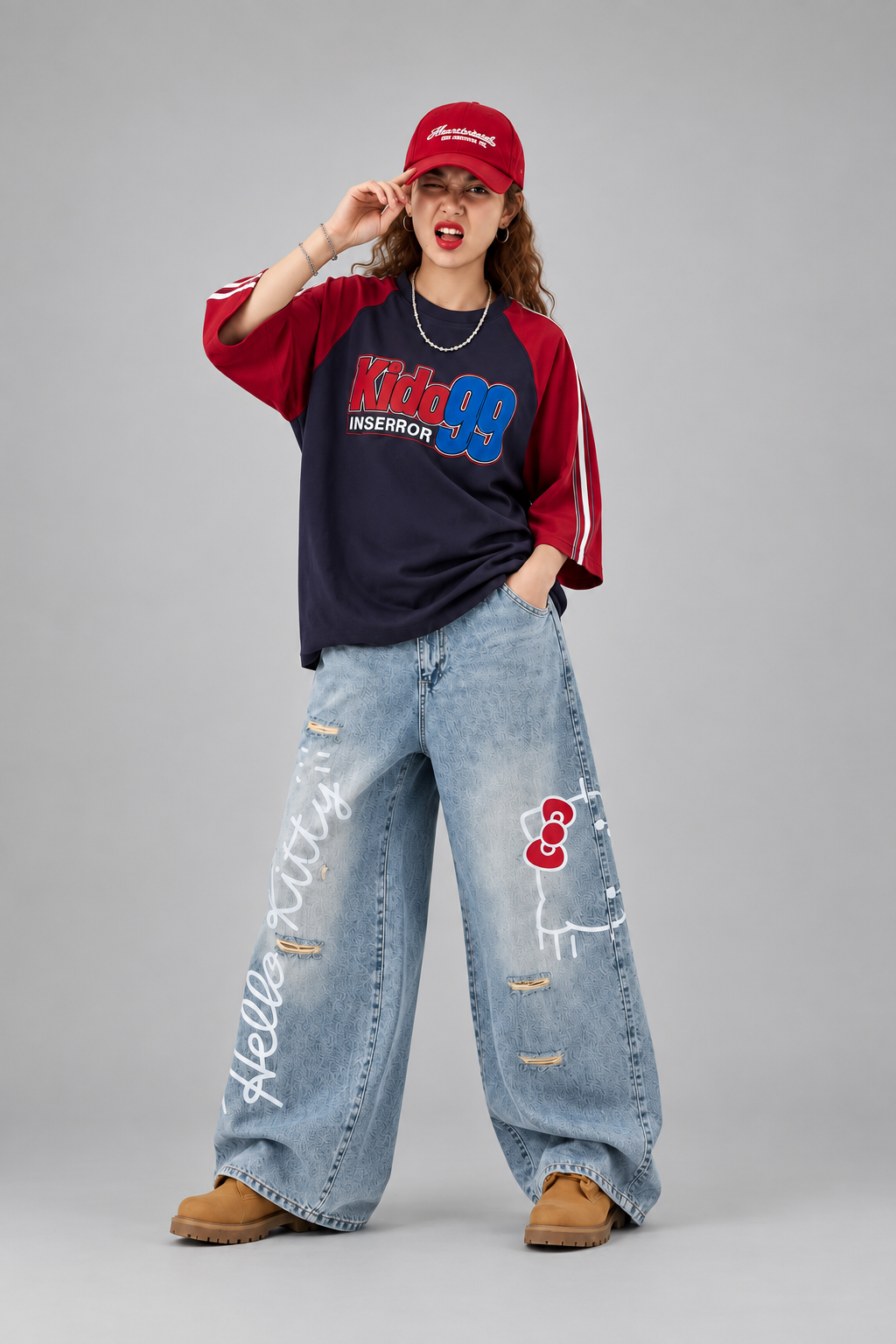 Hello Kitty Detaylı Mavi Baggy Jean