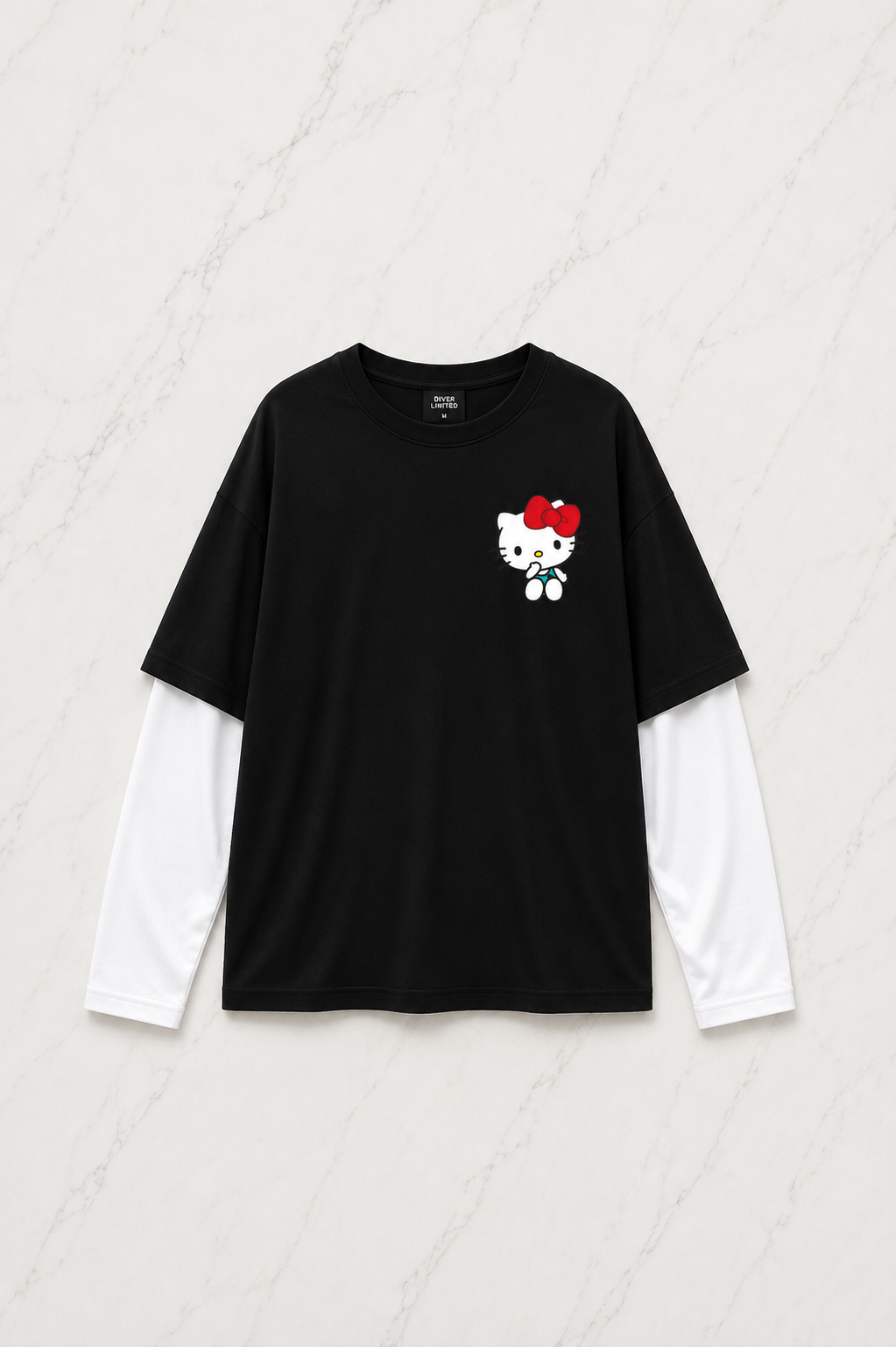 Hello Kitty Minimalist Baskılı Siyah Reglan Kol Uzun T-shirt