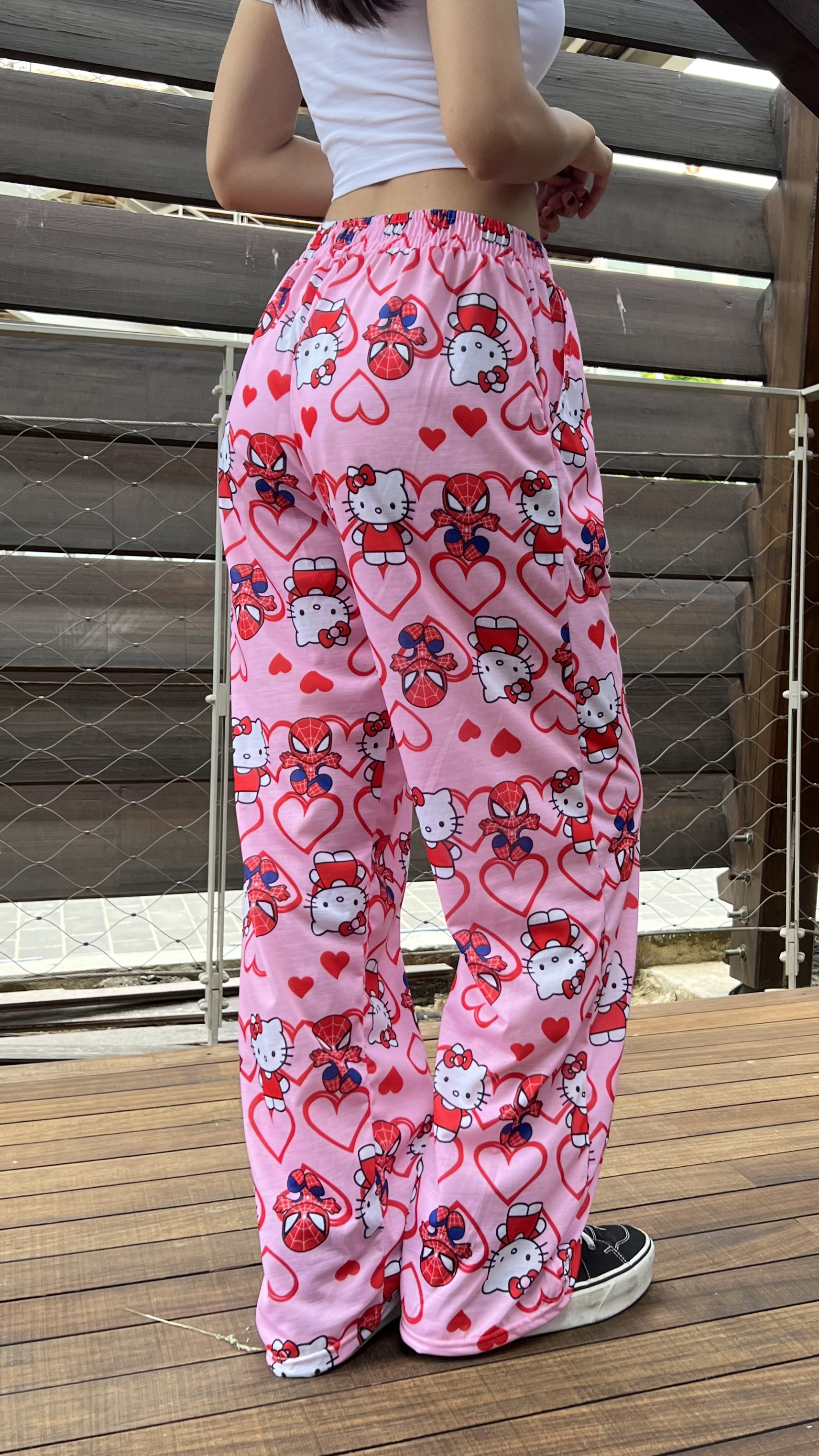 Hello Kitty & Spider-Man Detaylı Pembe Unisex Bol Eşofman Altı