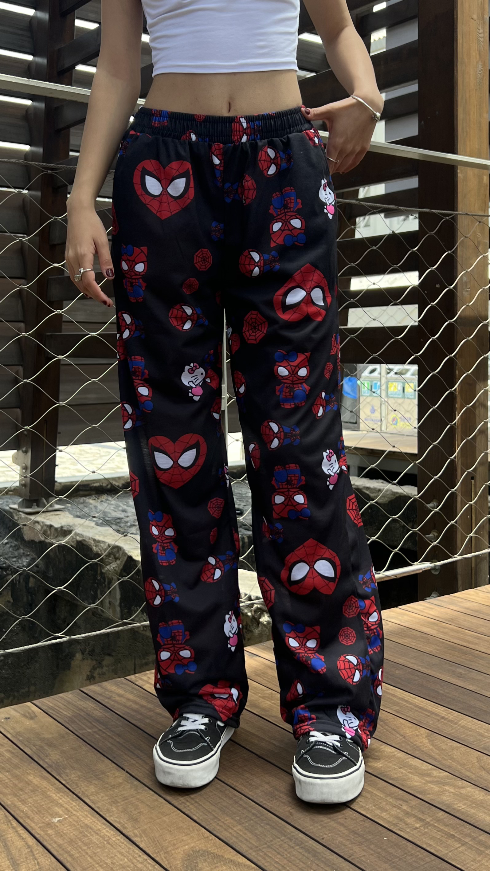 Hello Kitty & Spider-Man Detaylı Siyah Unisex Bol Eşofman Altı