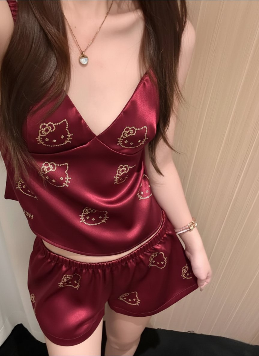 Hello Kitty Taş Detaylı Şık Homewear Pijama Takımı Bordo
