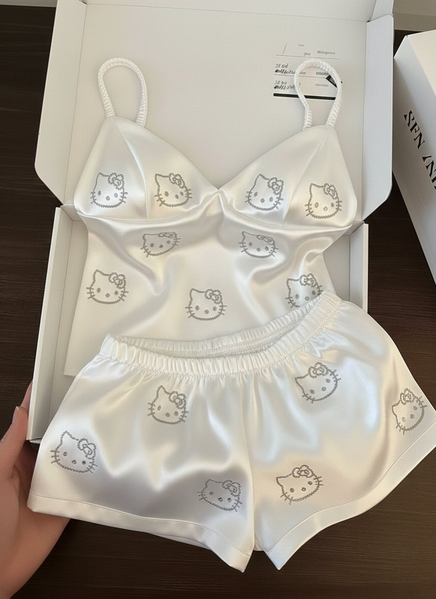 Hello Kitty Taş Detaylı Şık Homewear Pijama Takımı Beyaz