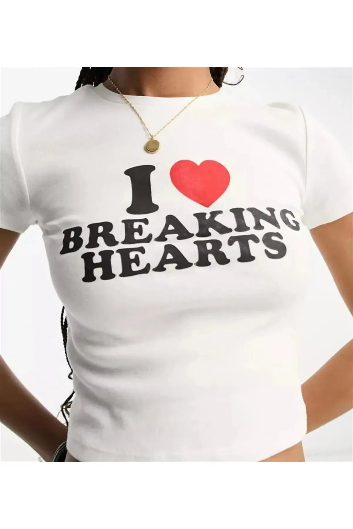 I Love Breaking Hearts Baskılı Beyaz Crop