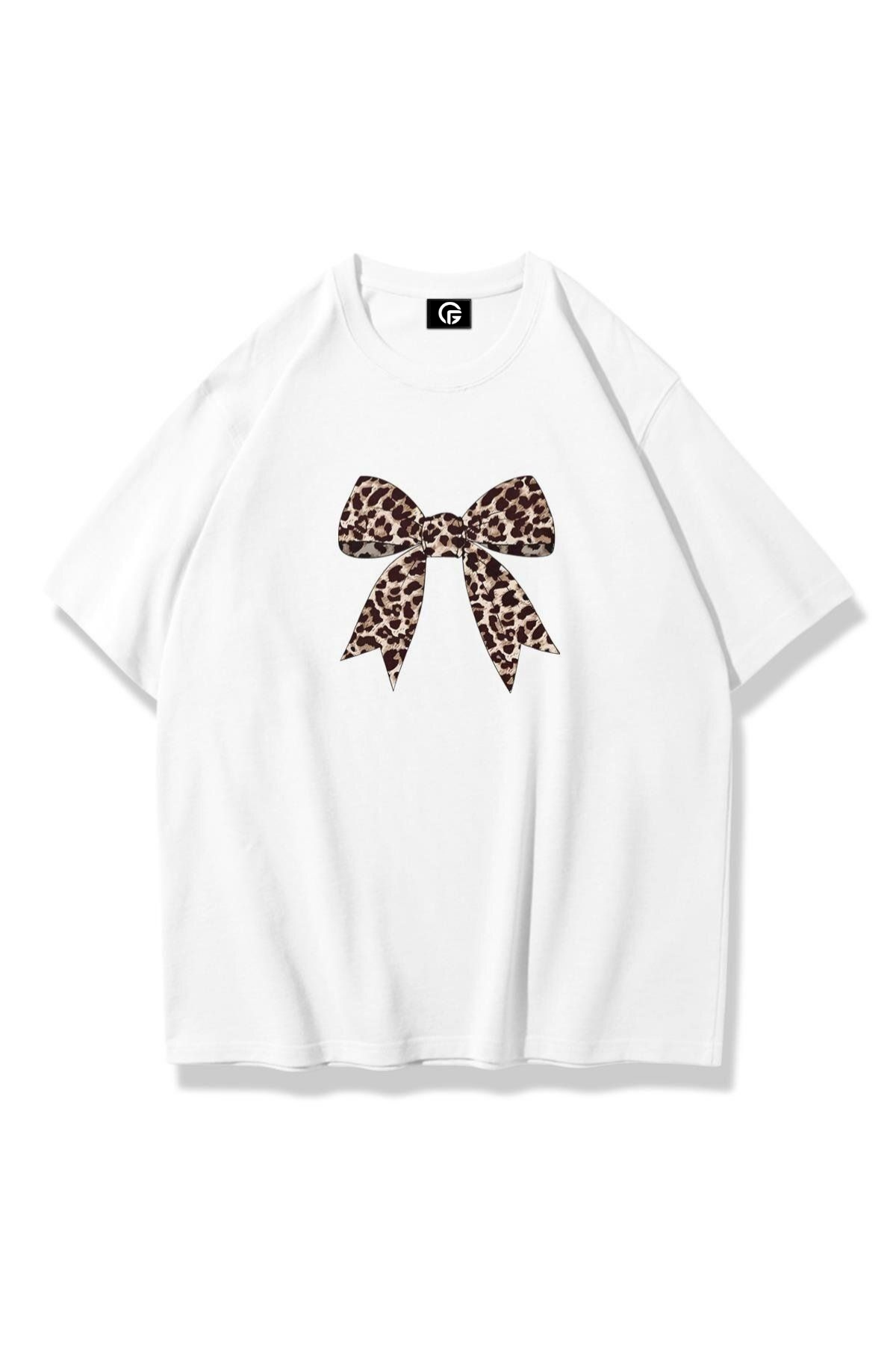 Kadın Leopar Kurdele Tshirt Beyaz