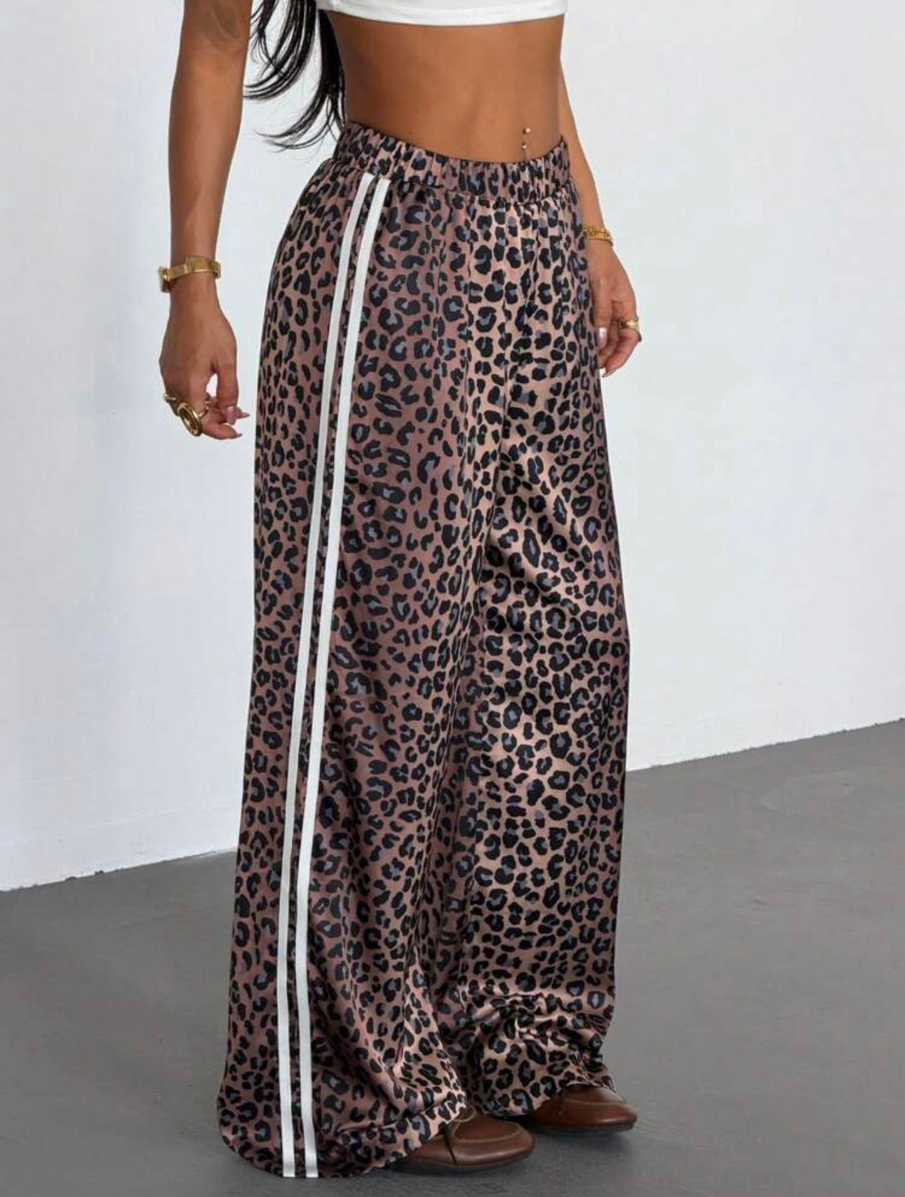 Kahverengi Leopar Şeritli Baggy Unisex Eşofman Altı