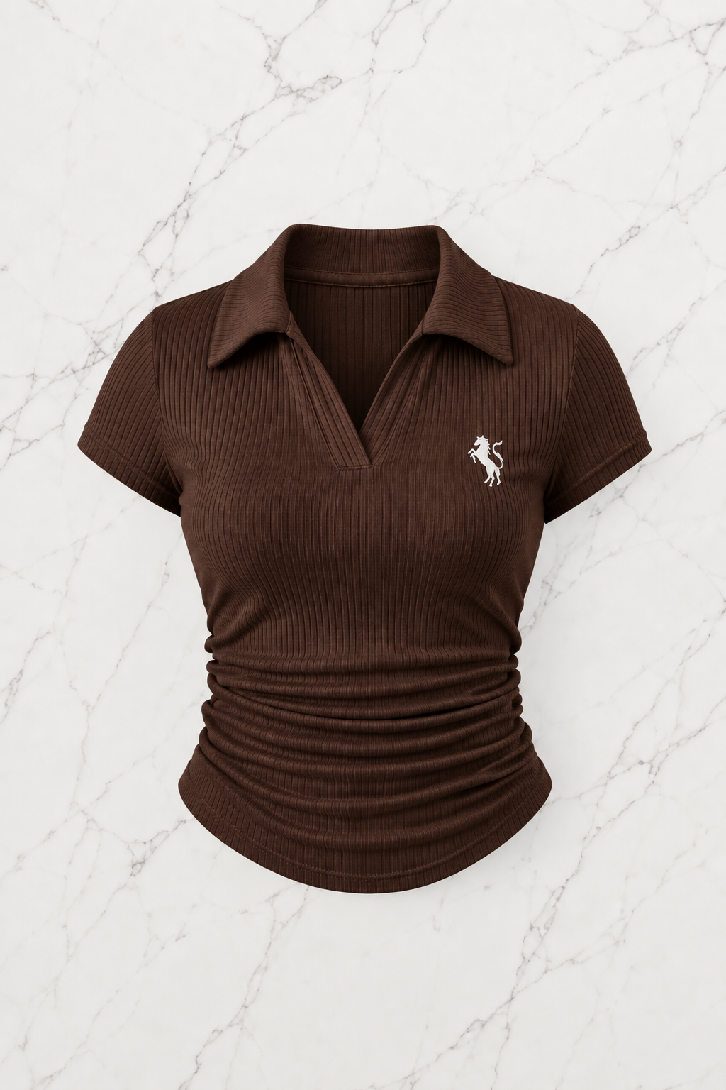 Kahverengi Polo Yaka Fitilli Likralı Bluz
