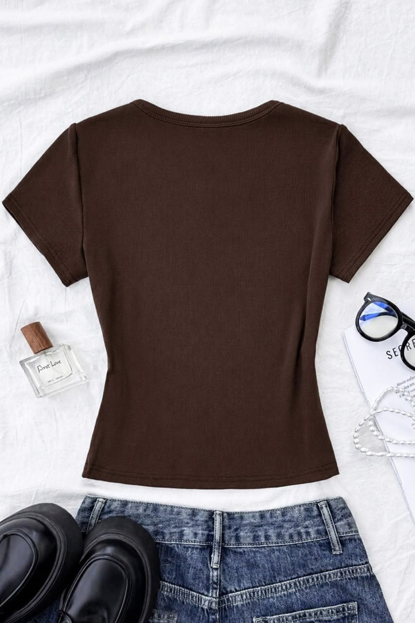Kahverengi Soft Detaylı Nakışlı Çıtçıtlı Bluz