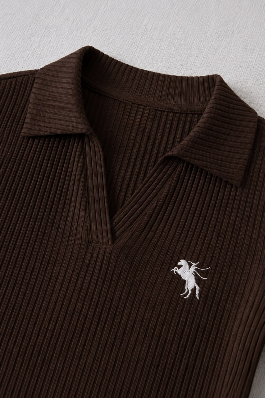 Kahverengi Steed Polo Yaka Parmak Geçirme Detaylı Bluz