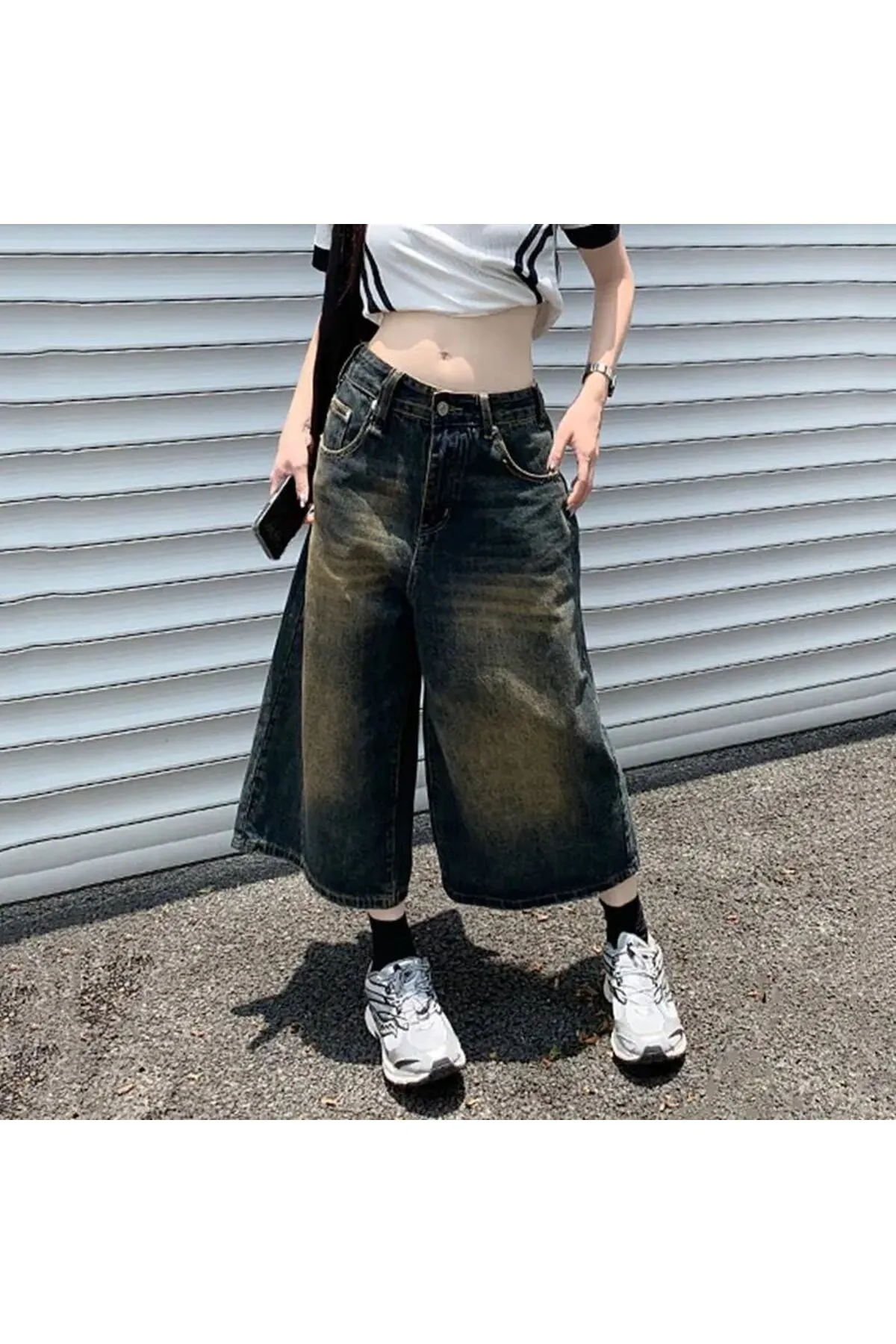 Kahverengi Yıkamalı Baggy Kısa Paça Kot Bermuda Pantolon