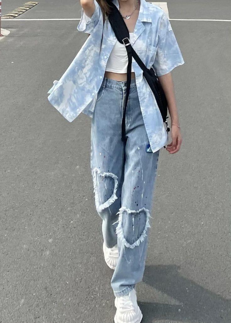 Kalp Detaylı Baggy Yıkamalı Mavi Jean