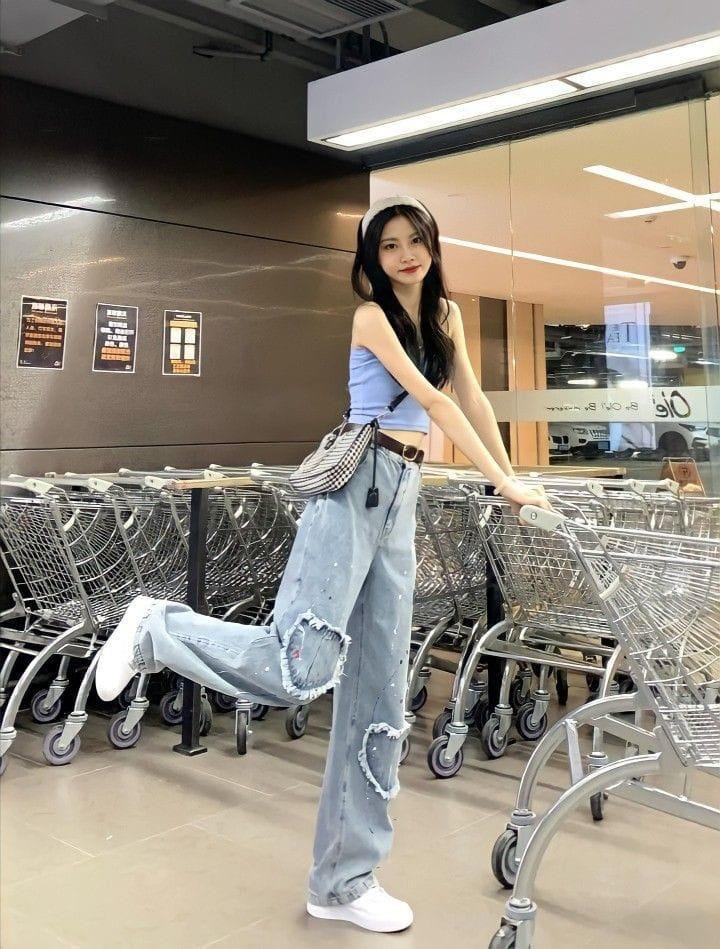 Kalp Detaylı Baggy Yıkamalı Mavi Jean