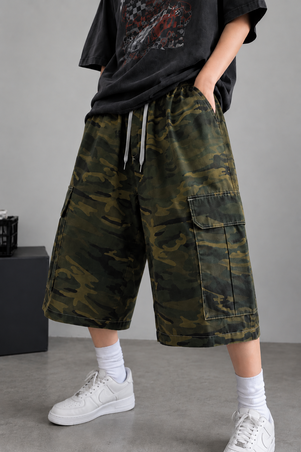 Kamuflaj Kargo Cepli Oversize Bermuda Şort/Şortalon