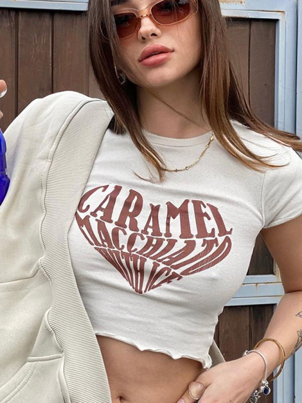Kemer Boy Caramel Macchlato Baskılı Crop Bluz