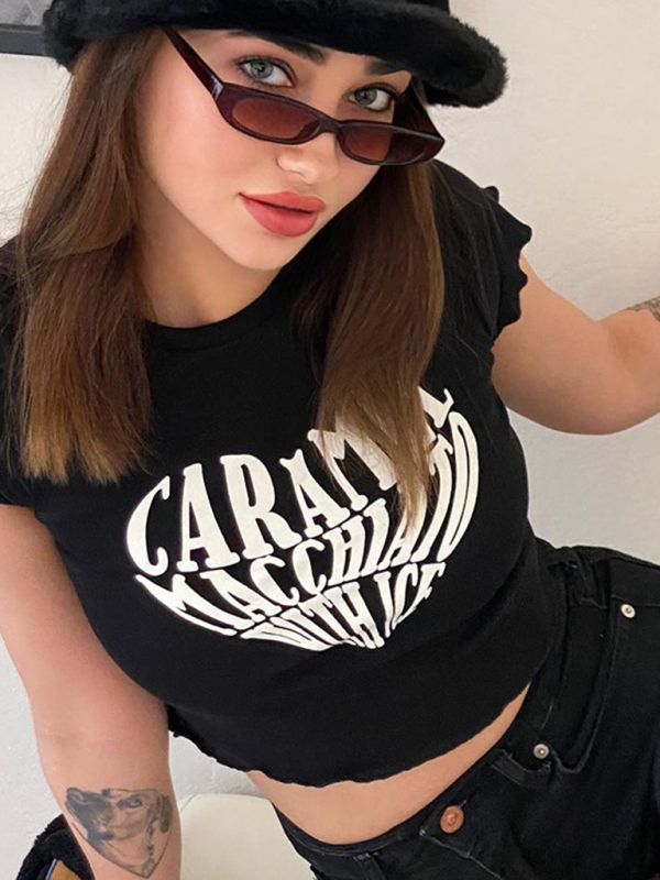 Kemer Boy Caramel Macchlato Baskılı Crop Bluz