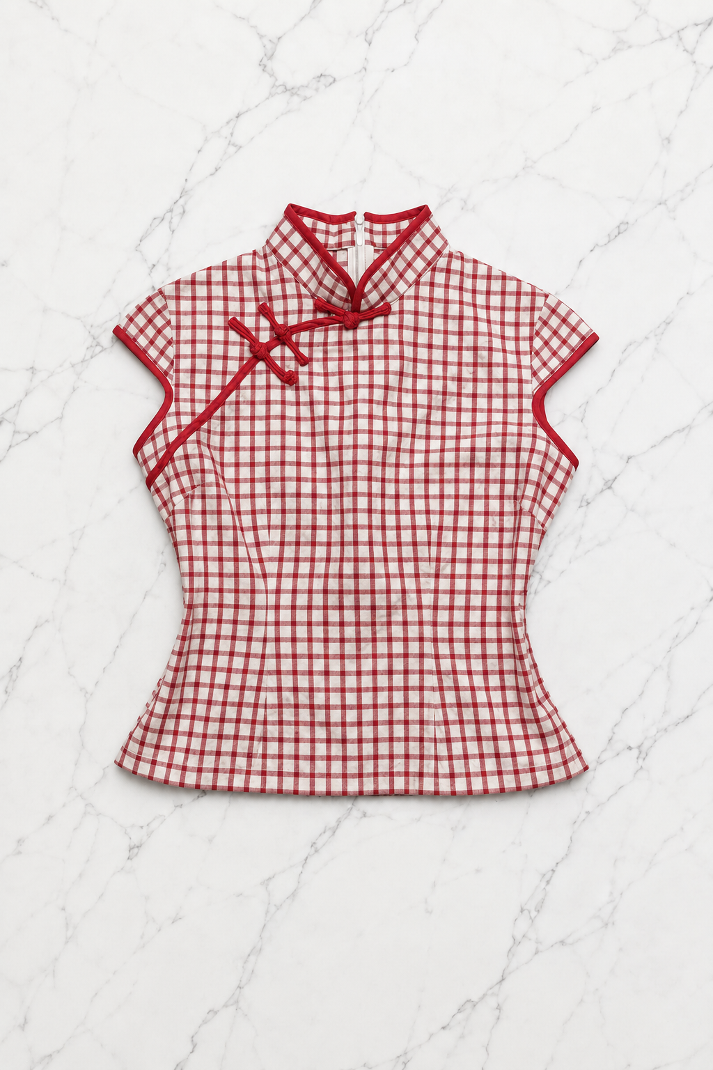 Kırmızı Dama Desenli Chines Crop T-shirt