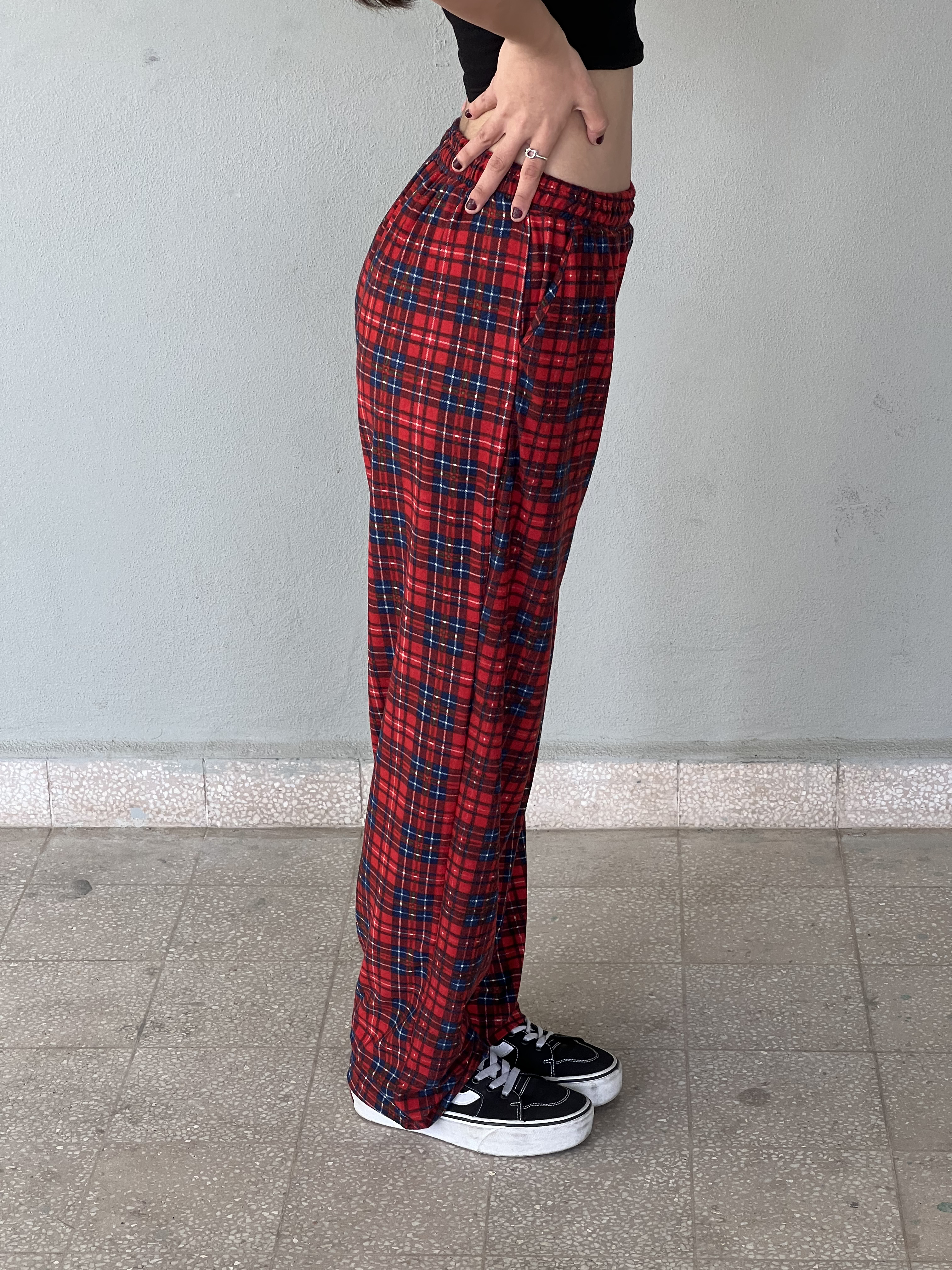 Kırmızı Kare Detaylı Ekose Unisex Bol Eşofman Altı