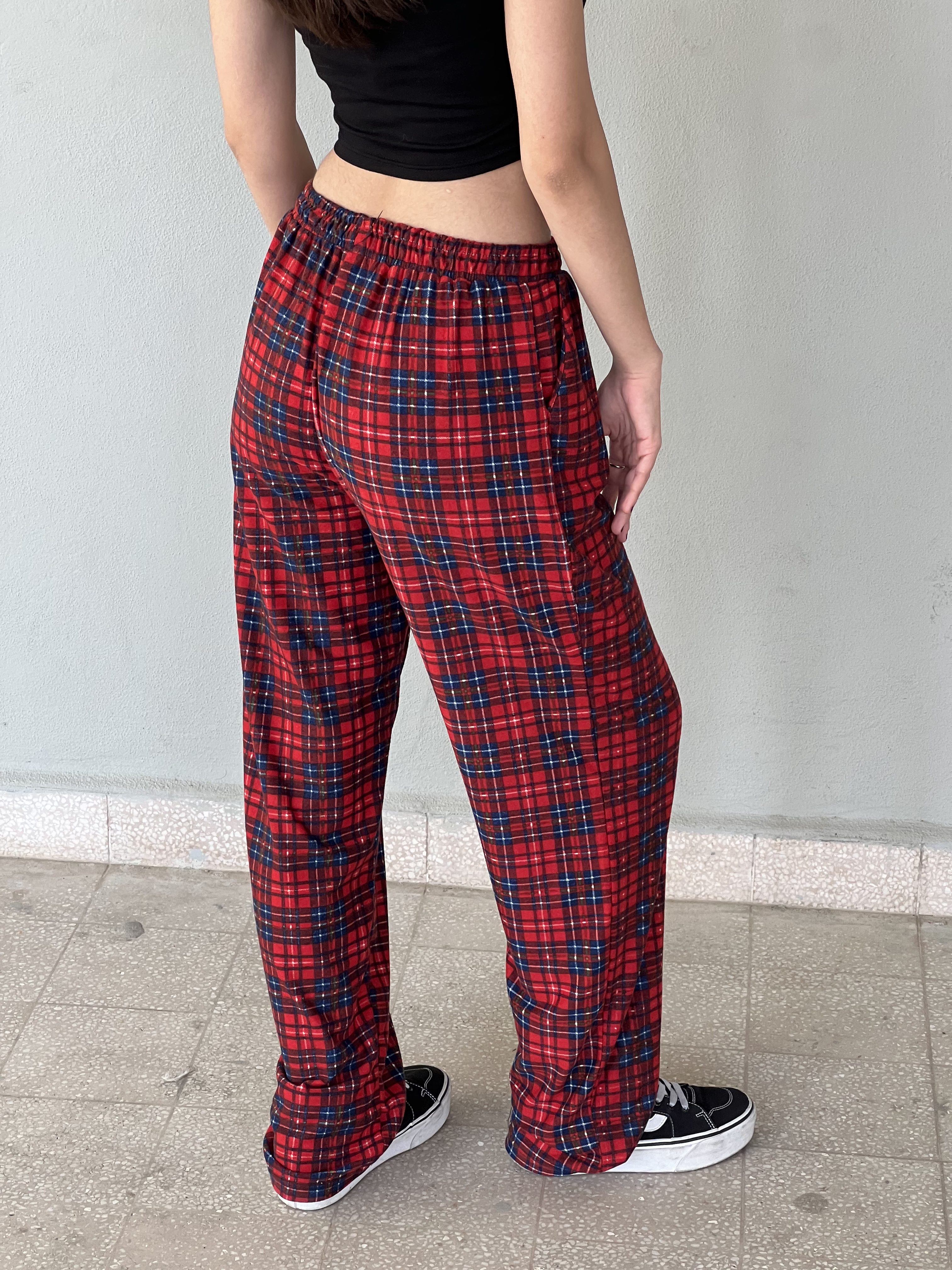 Kırmızı Kare Detaylı Ekose Unisex Bol Eşofman Altı