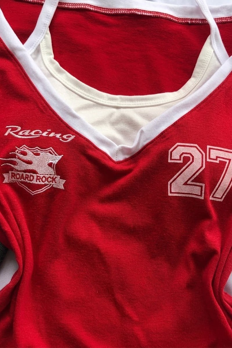 Kırmızı Racing 27 Number Ek Askılı Y2K Kısa Kollu Crop