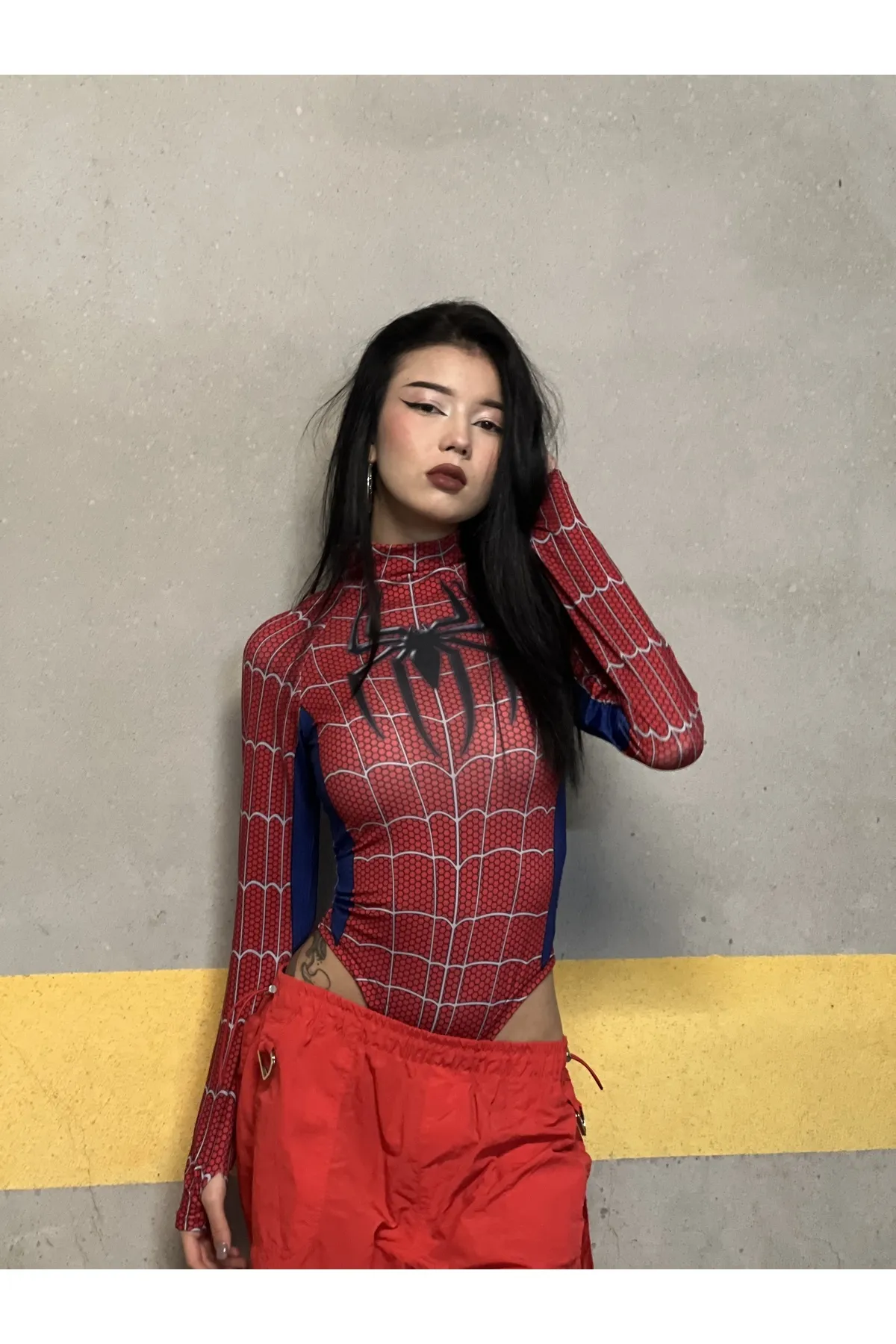 Kırmızı Spider Çıtçıtlı Uzun Kollu Body