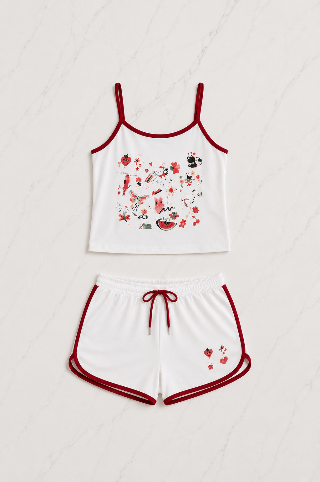 Kırmızı Sweet Cherry Askılı Şort Takım