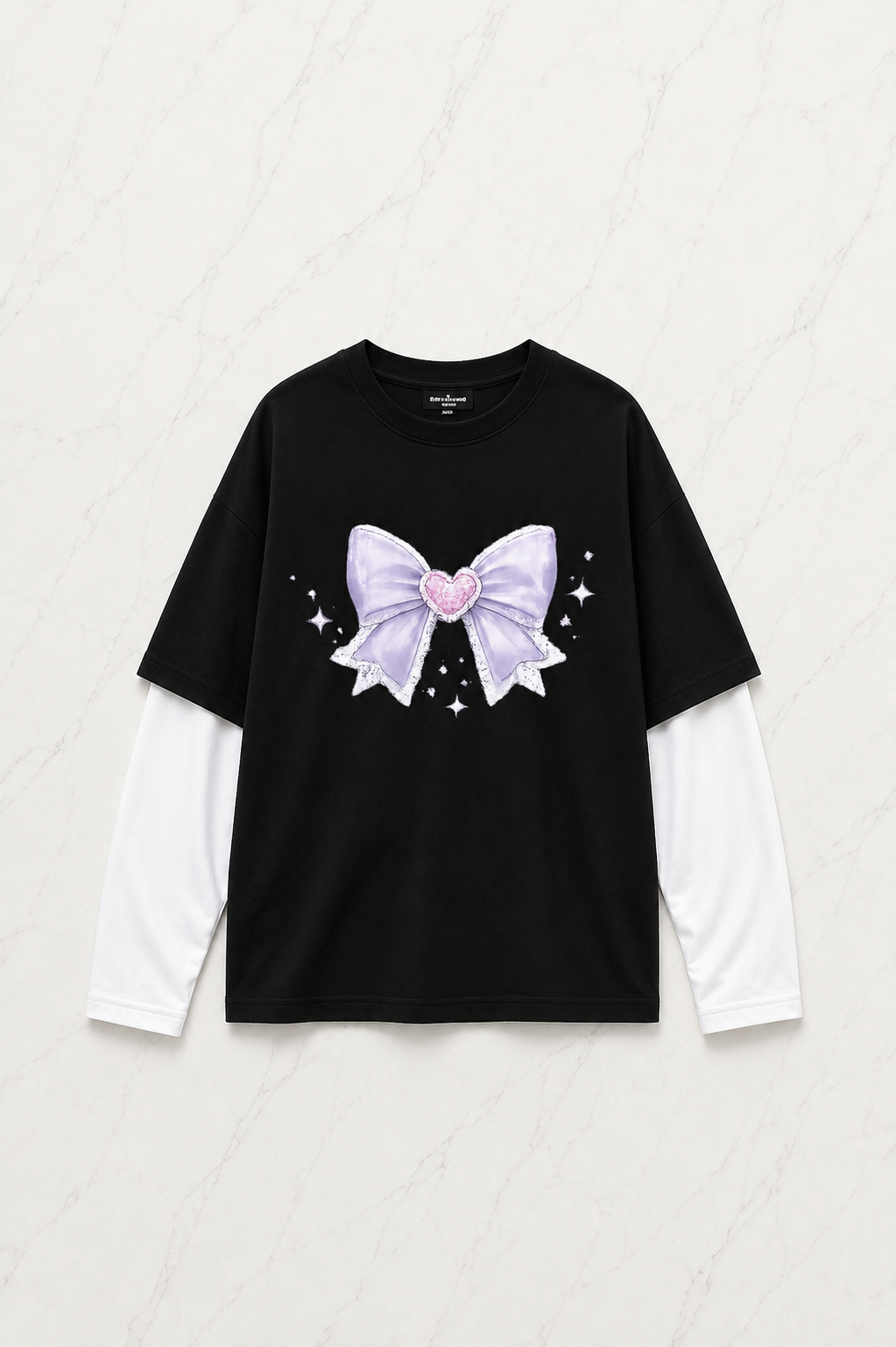 Kurdele Pink Baskılı Siyah Reglan Kol Uzun T-shirt