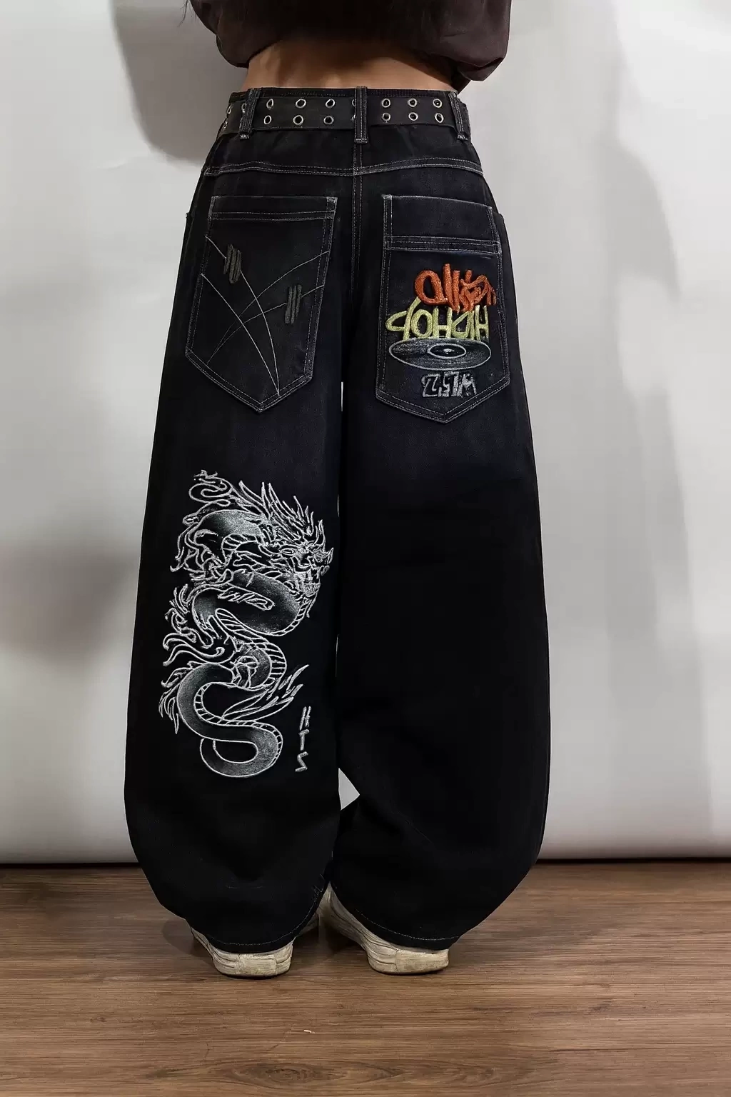 Lacivert Dragon Vintage Yıkamalı Baggy Y2K Pantolon