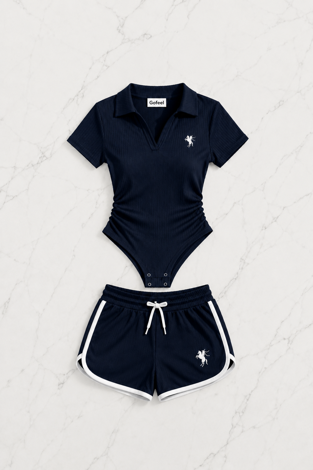 Lacivert Fit Polo Yaka Bodysuit Şort Takım