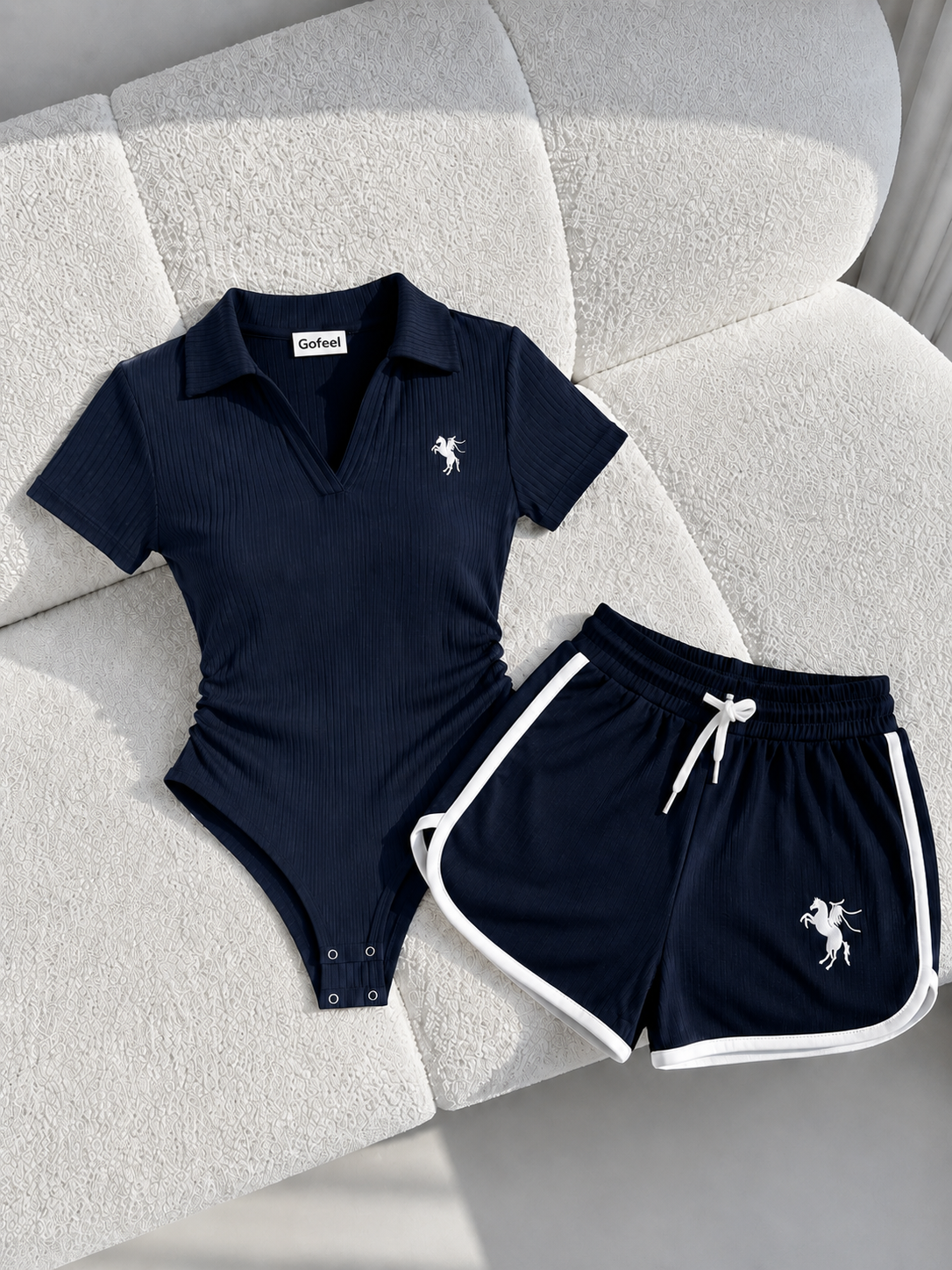 Lacivert Fit Polo Yaka Bodysuit Şort Takım