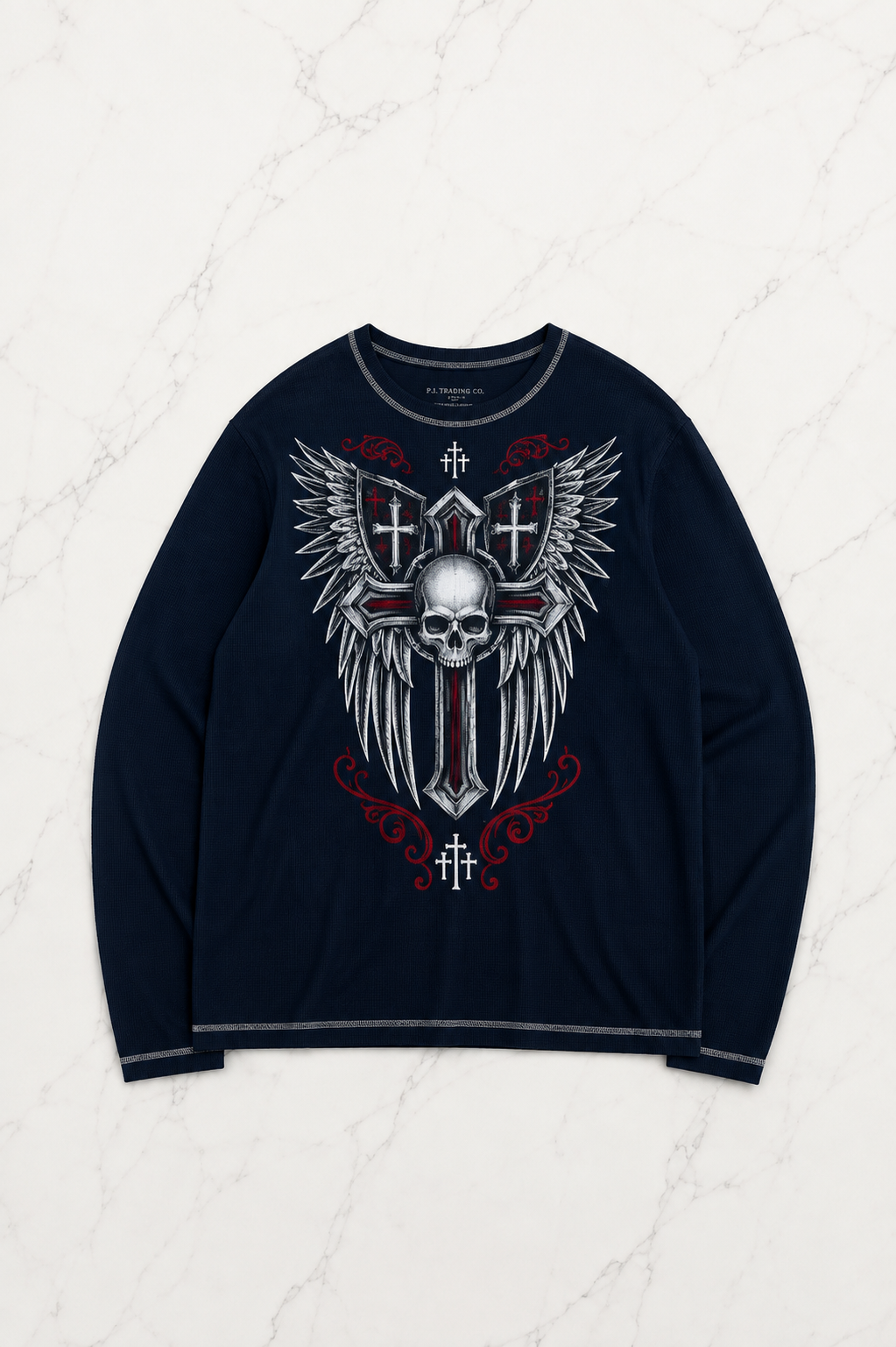 Lacivert Gotik Skull Cross Motifli Dikiş Detaylı Y2K Unisex Sweatshirt