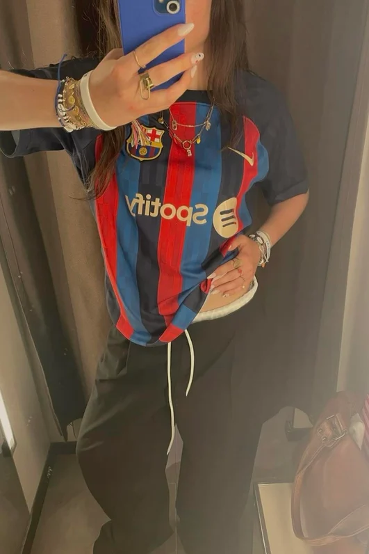 Lacivert Kırmızı Çubuklu Barcelona Jersey T-Shirt
