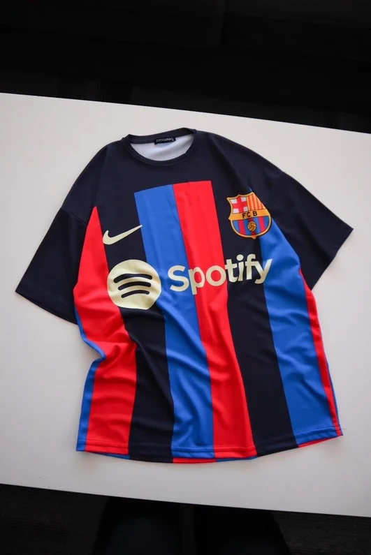 Lacivert Kırmızı Çubuklu Barcelona Jersey T-Shirt